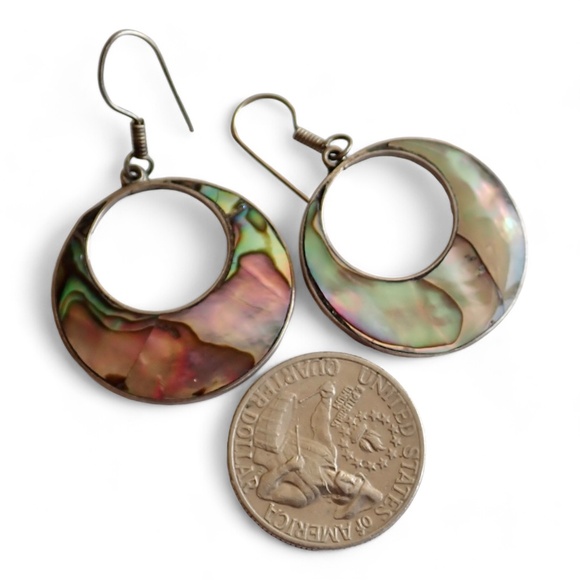 Vintage Mexico Alpaca Inlay Abalone Shell Signed Earrings Hoop Dangle Pierced - Picture 10 of 11